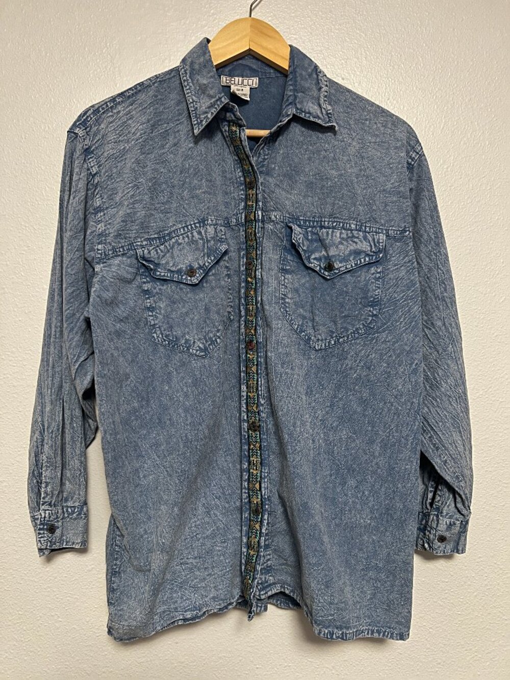 Vintage Belucci Blue Acid Wash Cotton Shirt Embroidered Western Button Down Sz M
